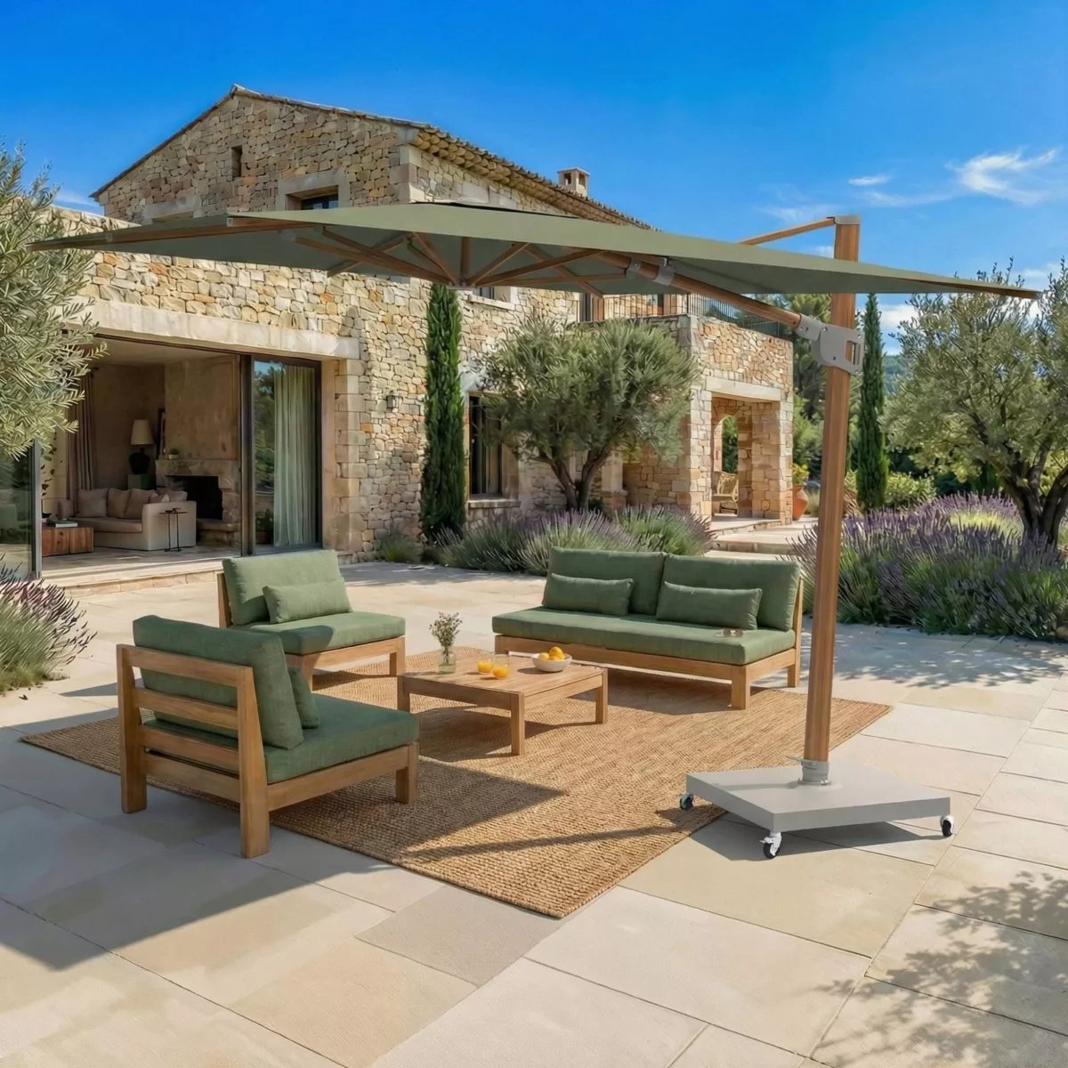 Ombrellone sporgente rettangolare in alluminio con base (3 x 4 m) Elyra effetto legno e Verde oliva