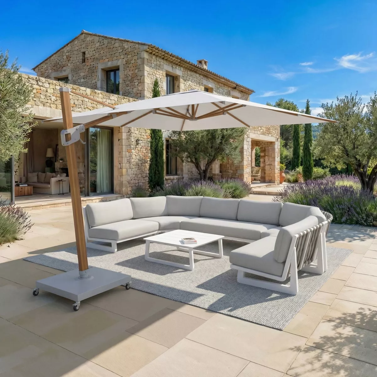 Ombrellone decentrato quadrato in alluminio con base (3 x 3 m) Elyra effetto legno e Bianco
