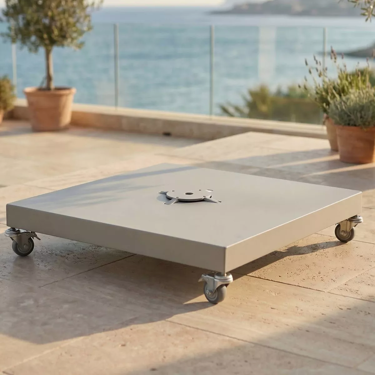 Ombrellone decentrato quadrato in alluminio con base (3 x 3 m) Elyra effetto legno e Beige