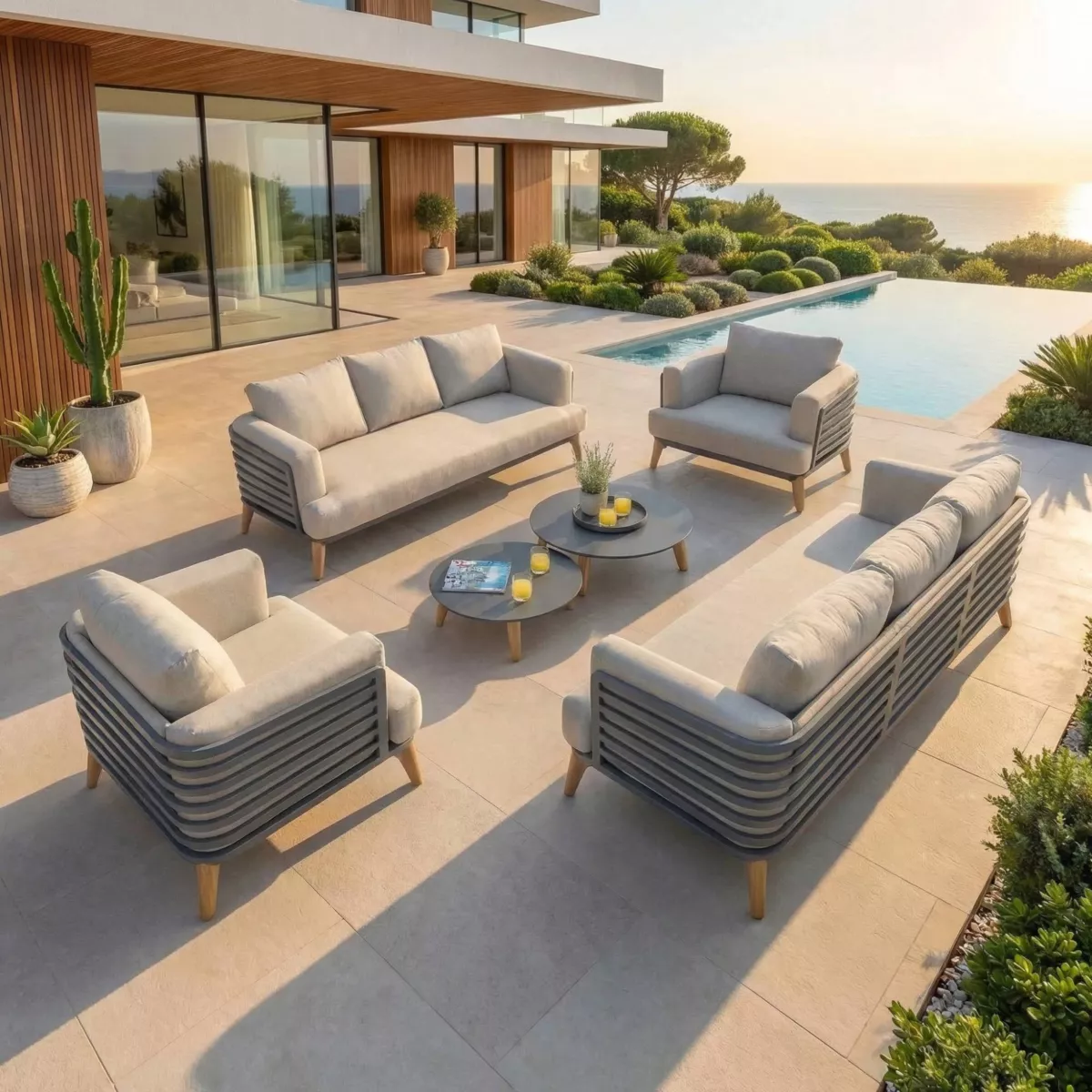 SALON DE JARDIN MONTE-CARLO 8 PLACES STRUCTURE ANTHRACITE ET COUSSINS SABLE