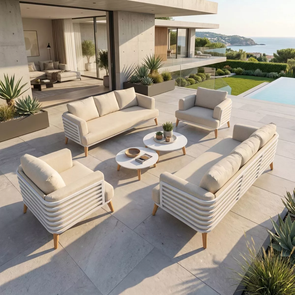 SALON DE JARDIN MONTE-CARLO 8 PLACES STRUCTURE BLANC ET COUSSINS BEIGE