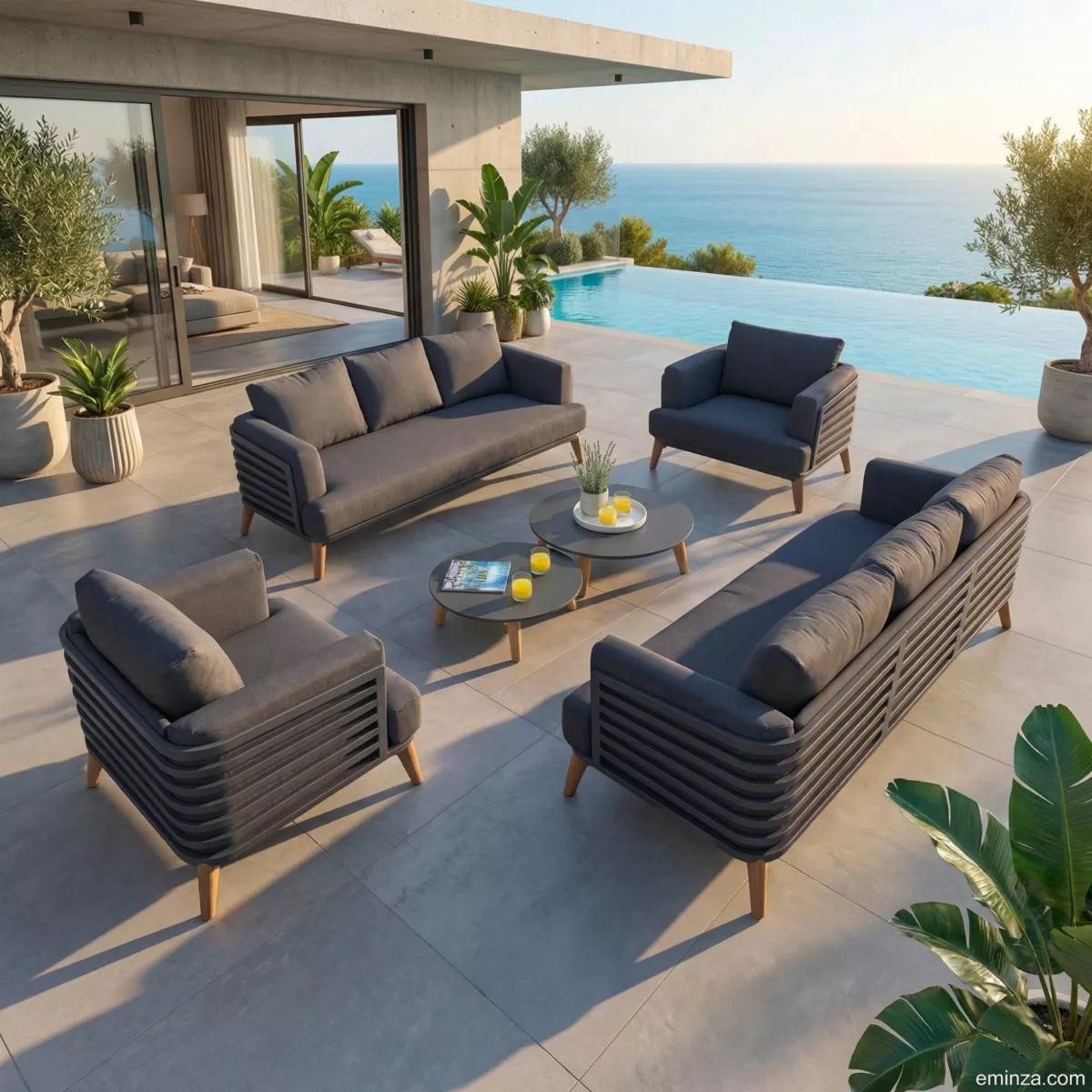 SALON DE JARDIN MONTE-CARLO 8 PLACES STRUCTURE ANTHRACITE ET COUSSINS ANTHRACITE