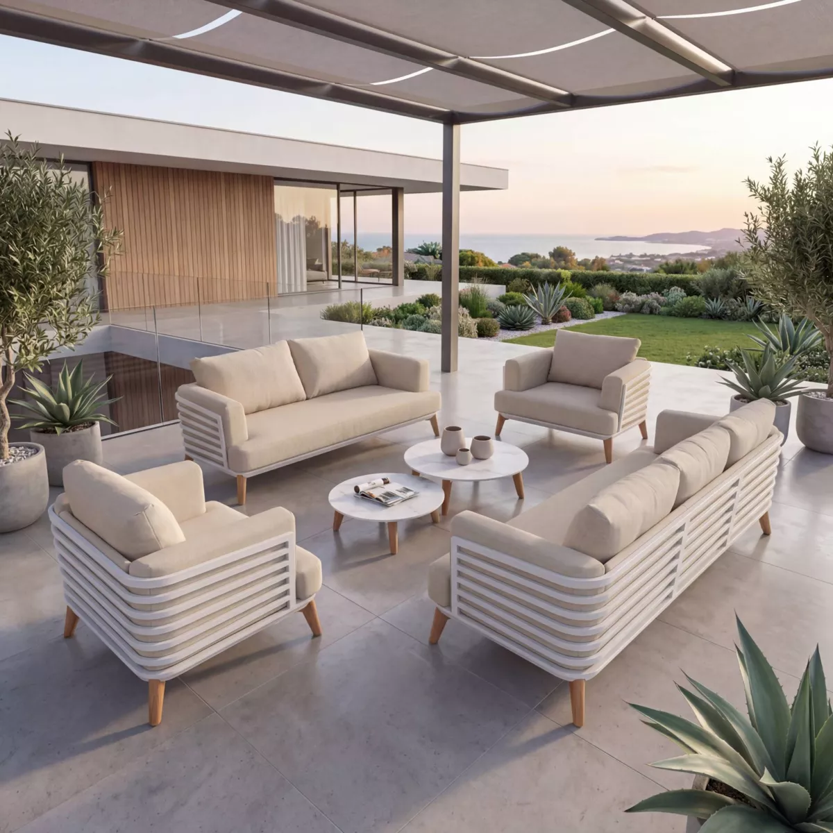 SALON DE JARDIN MONTE-CARLO 7 PLACES STRUCTURE BLANC ET COUSSINS BEIGE