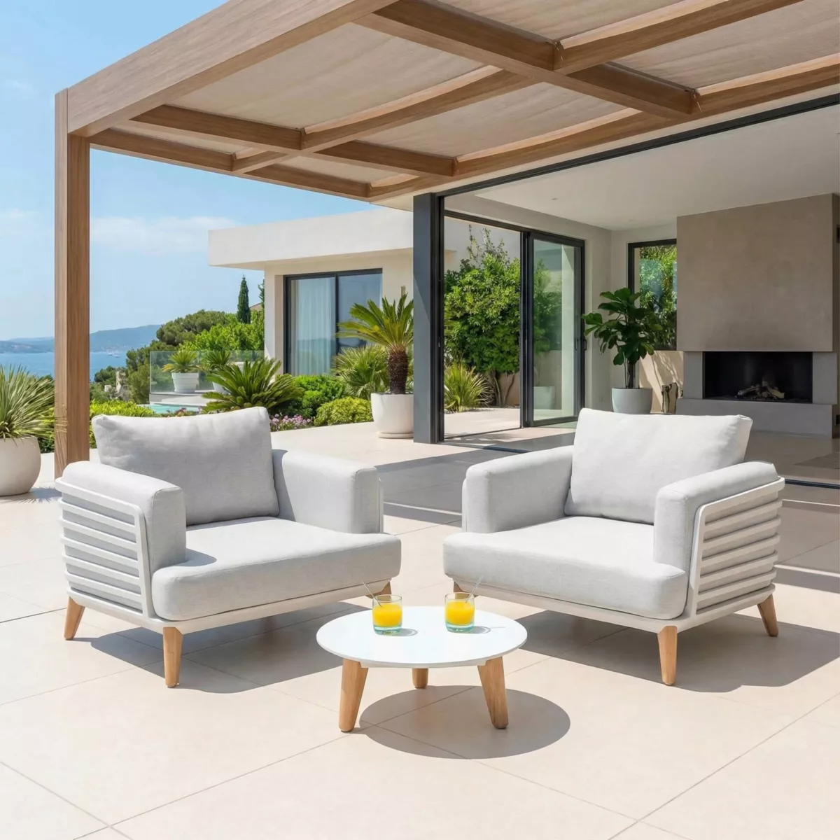 SALON DE JARDIN MONTE-CARLO 2 PLACES STRUCTURE BLANC ET COUSSINS GRIS NUAGE
