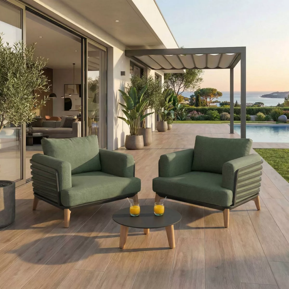 Set da giardino in alluminio 2 posti 3 pezzi Monte Carlo Grigio antracite e verde rosmarino