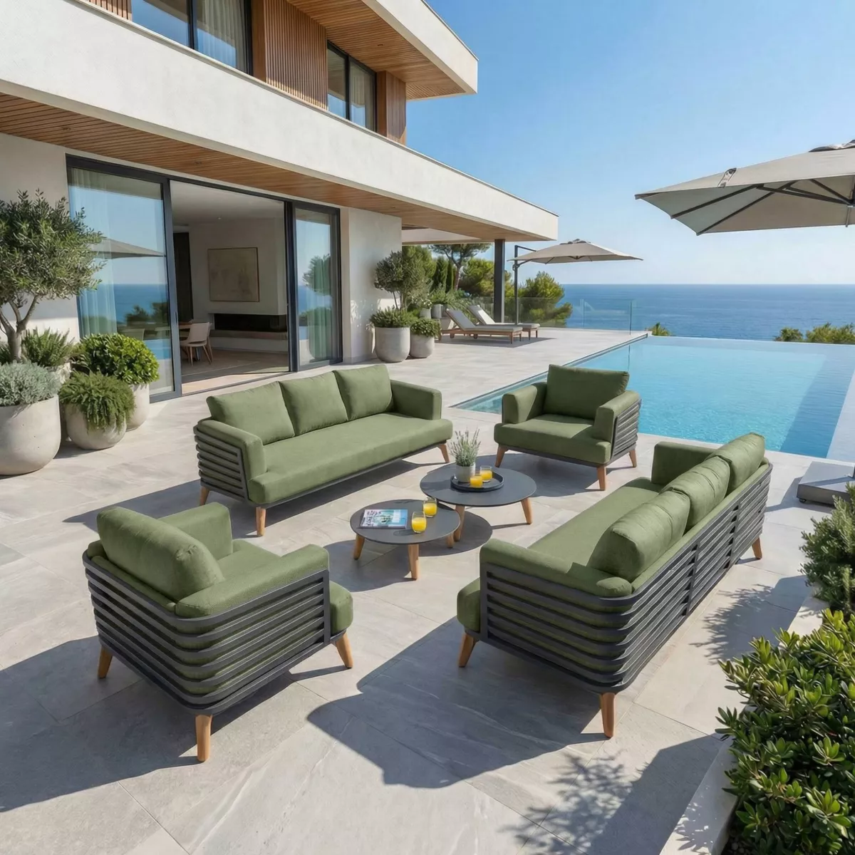 Salon de jardin aluminium 8 places 6 pcs Monte Carlo Gris anthracite et vert romarin