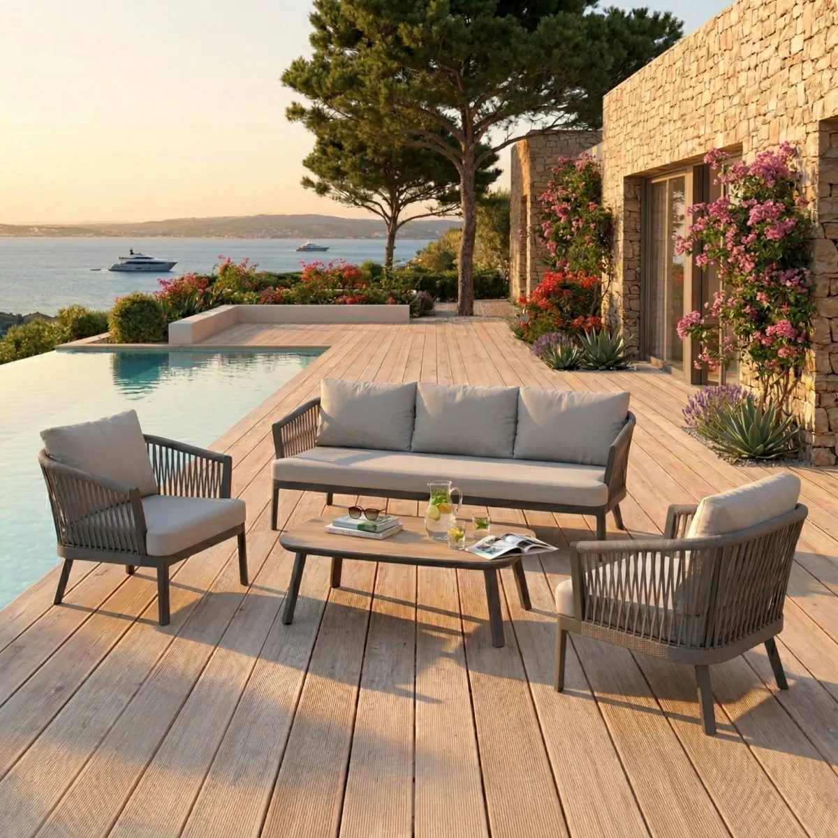 SALON DE JARDIN AMALFI  5 PLACES STRUCTURE ANTHRACITE ET COUSSINS GRIS NUAGE