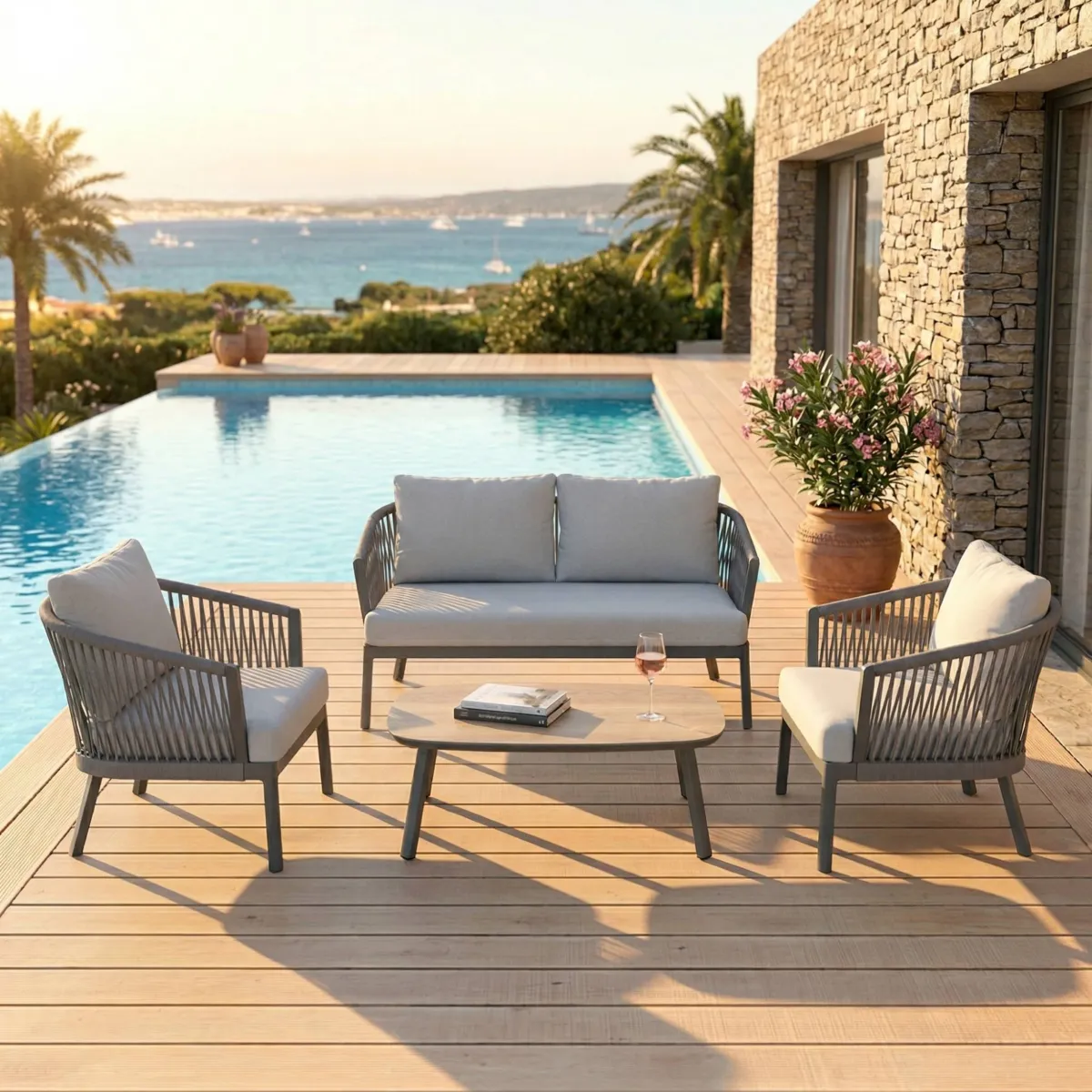 SALON DE JARDIN AMALFI 4 PLACES STRUCTURE ANTHRACITE ET COUSSINS GRIS NUAGE