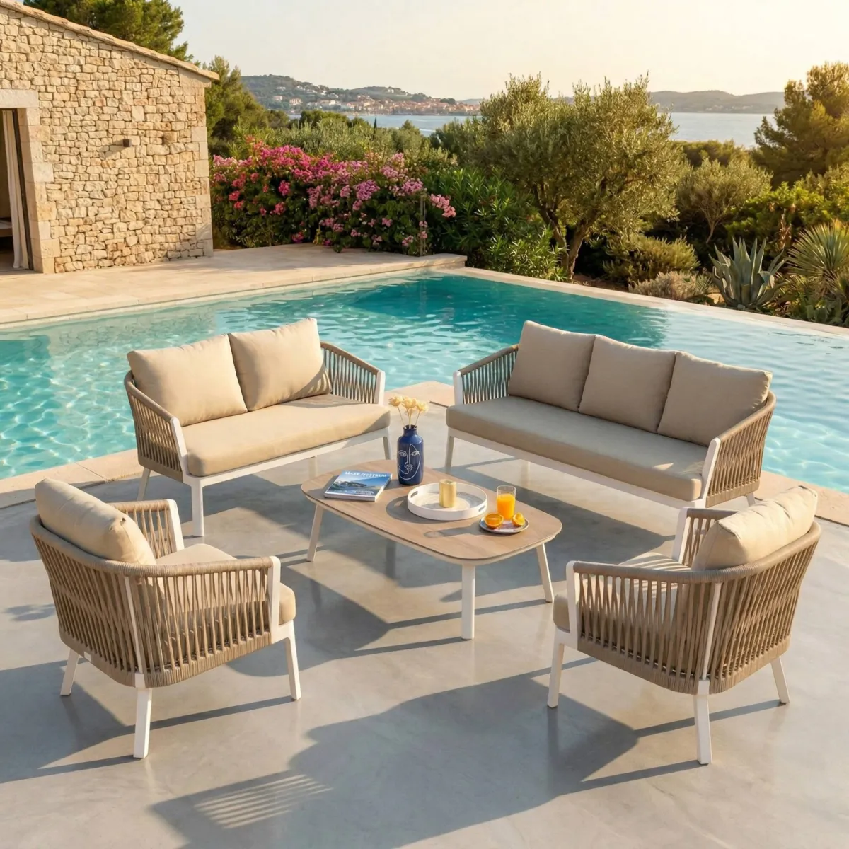 SALON DE JARDIN AMALFI 7 PLACES STRUCTURE BLANC ET COUSSINS BEIGE