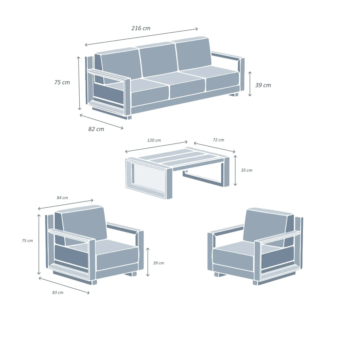 Salon de jardin aluminium 5 places 4 pcs Elba Gris anthracite