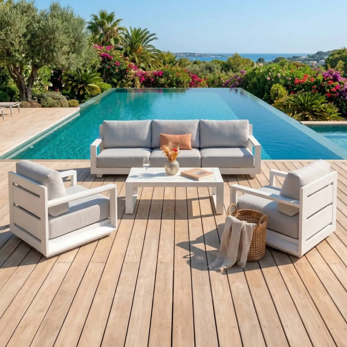 SALON DE JARDIN ELBA 5 PLACES STRUCTURE BLANC ET COUSSINS GRIS NUAGE