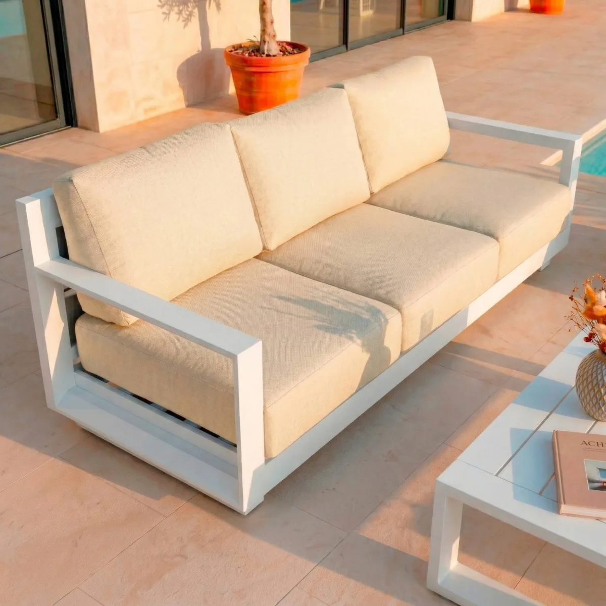 Salon de jardin aluminium 5 places 4 pcs Elba Blanc et beige