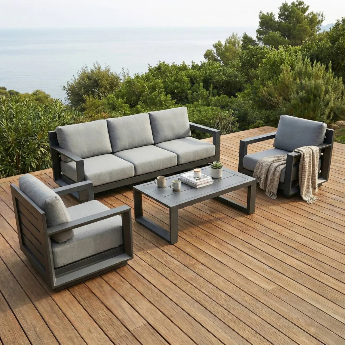 SALON DE JARDIN ELBA 5 PLACES STRUCTURE ANTHRACITE ET COUSSINS GRIS NUAGE