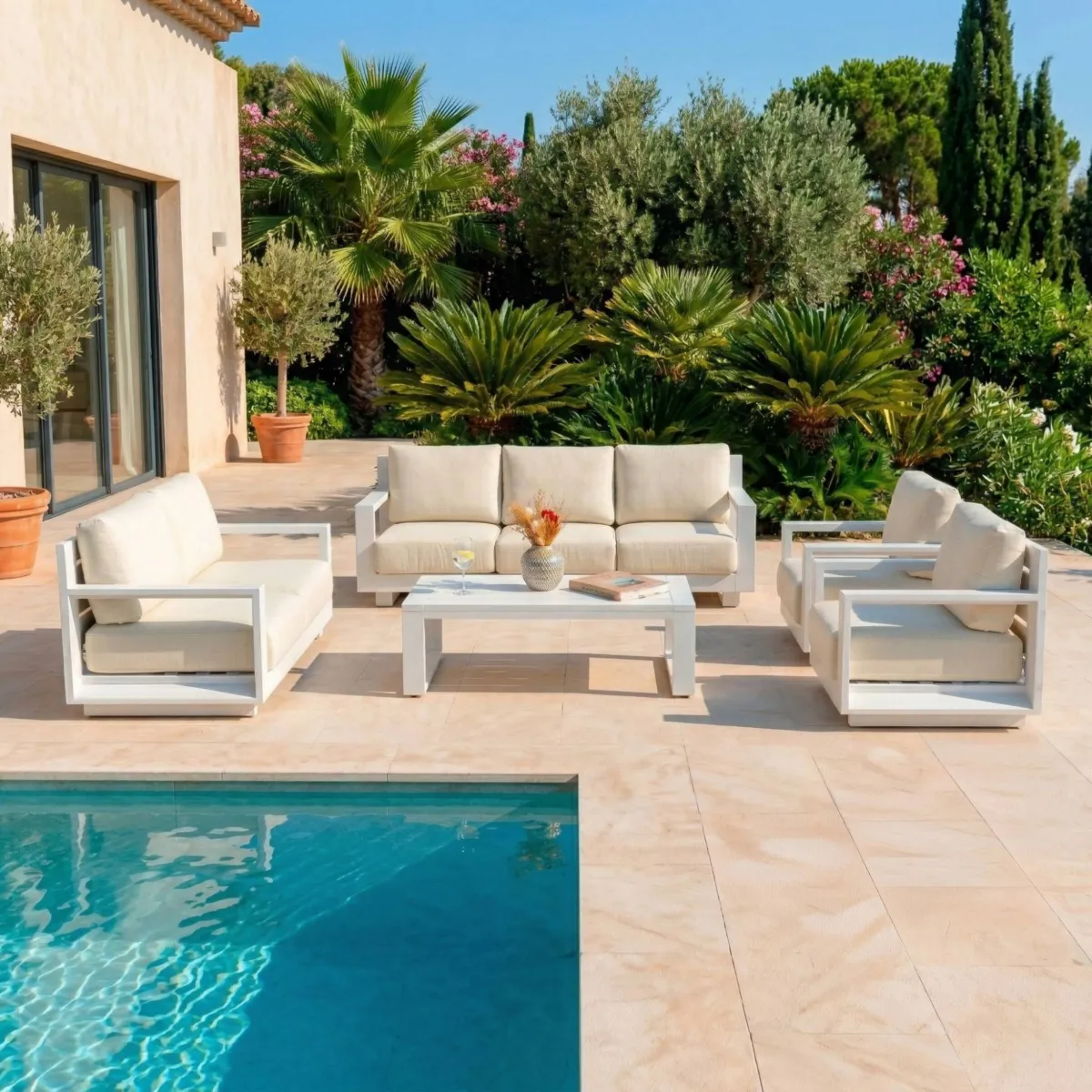 Salon de jardin aluminium 7 places 5 pcs Elba Blanc et beige
