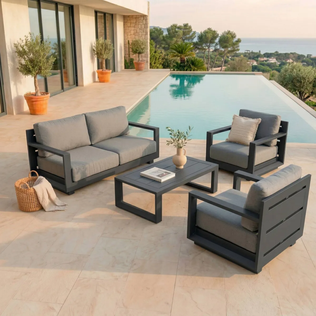 SALON DE JARDIN ELBA 4 PLACES STRUCTURE ANTHRACITE ET COUSSINS ANTHRACITE
