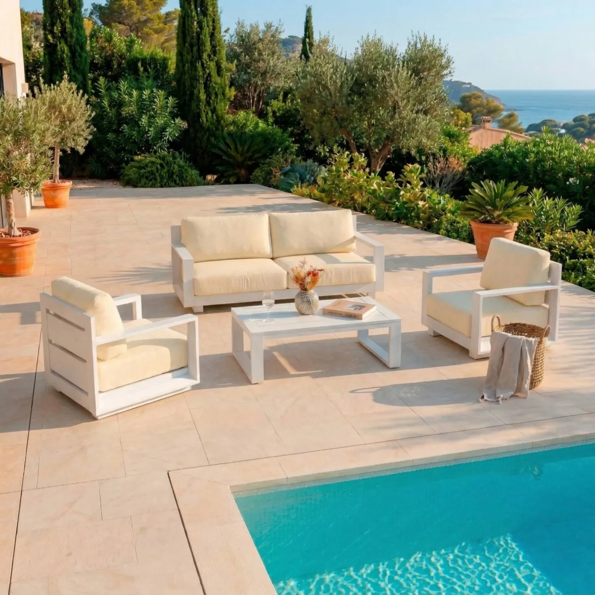 Salotto da giardino alluminio 4 posti 4 pezzi Elba Bianco e beige