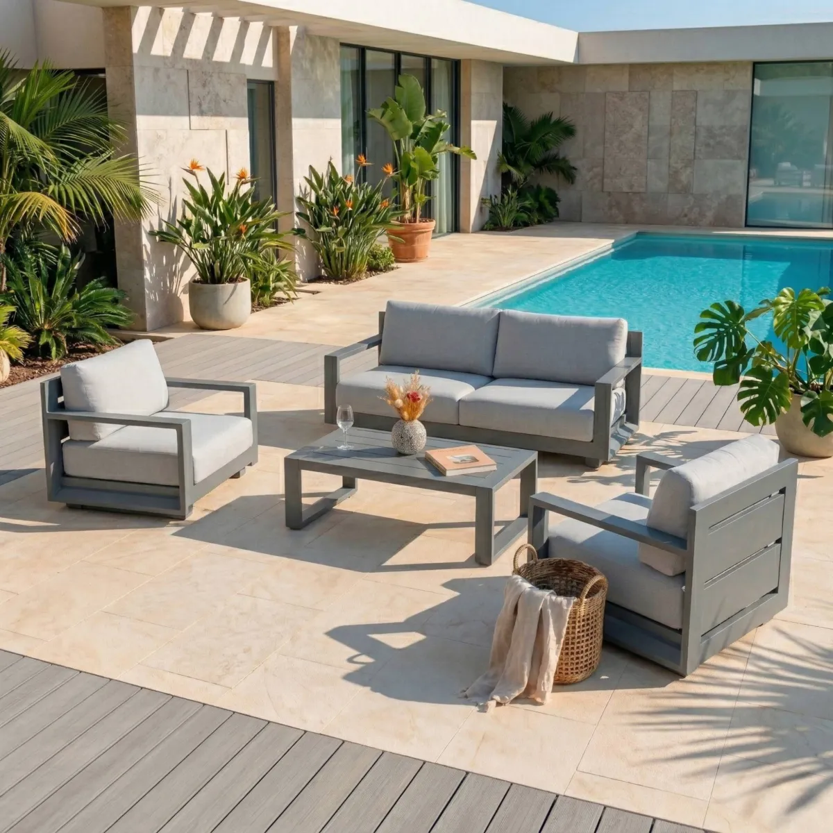 SALON DE JARDIN ELBA 4 PLACES STRUCTURE ANTHRACITE ET COUSSINS GRIS NUAGE