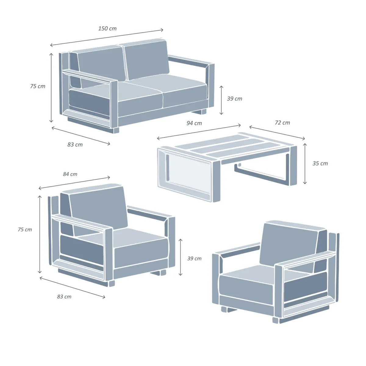 Salon de jardin aluminium 4 places 4 pcs Elba Gris anthracite et gris clair