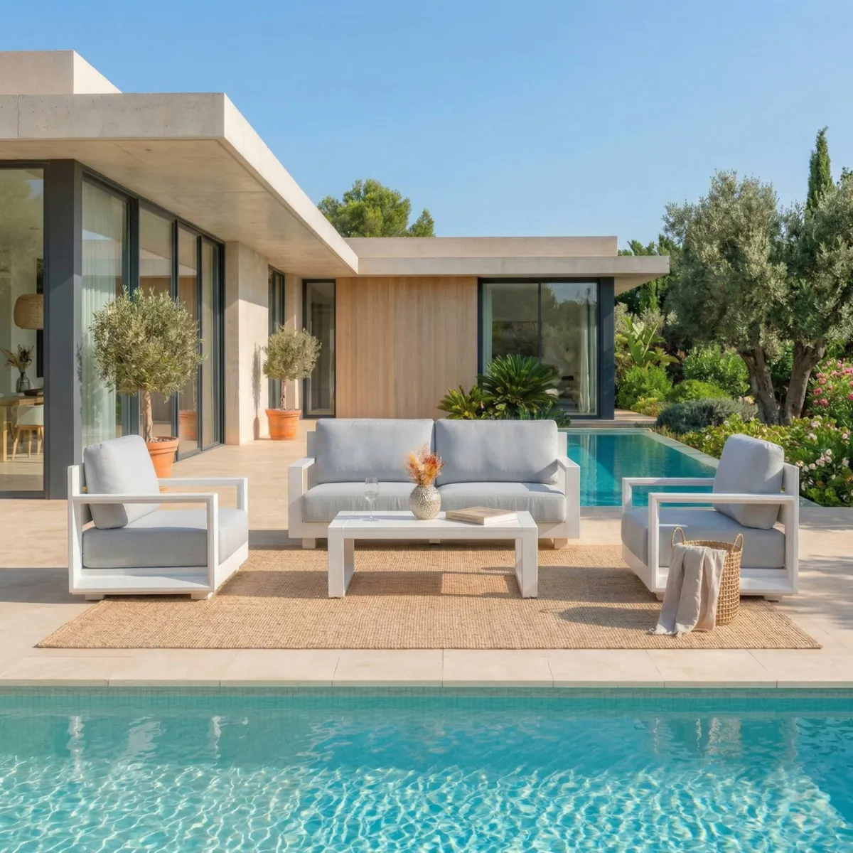 SALON DE JARDIN ELBA 4 PLACES STRUCTURE BLANC ET COUSSINS GRIS NUAGE