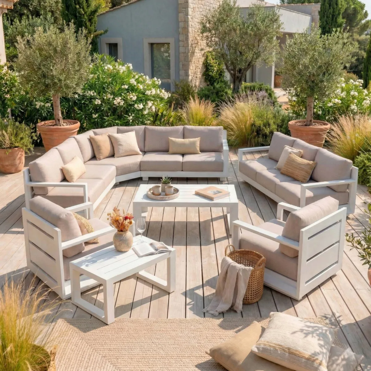SALON DE JARDIN D'ANGLE ELBA 10 PLACES STRUCTURE BLANC ET COUSSINS TAUPE