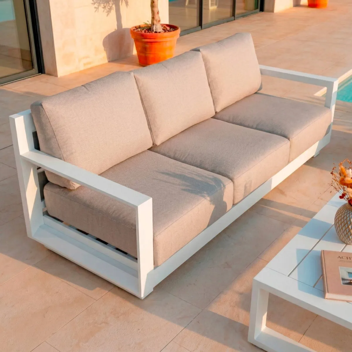 Salon de jardin d'angle aluminium 10 places Elba Blanc et taupe