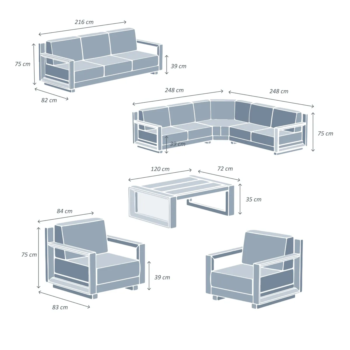 Salon de jardin d'angle aluminium 10 places Elba Blanc et taupe