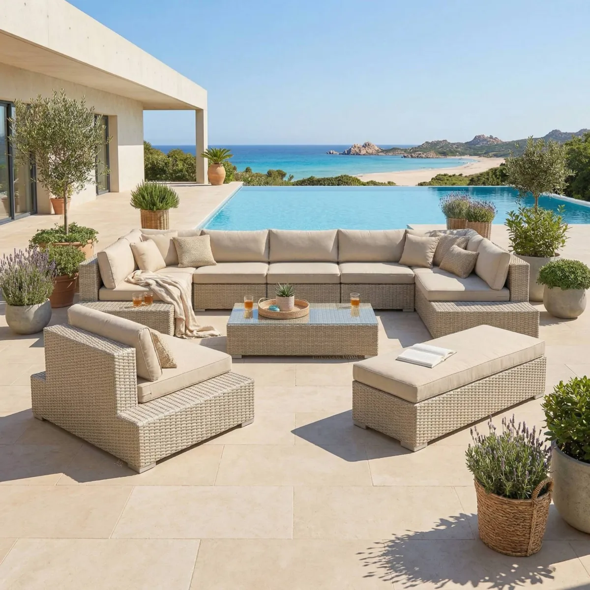 Salon de jardin en résine tressée 9 places 9 pcs Palma Gris et beige