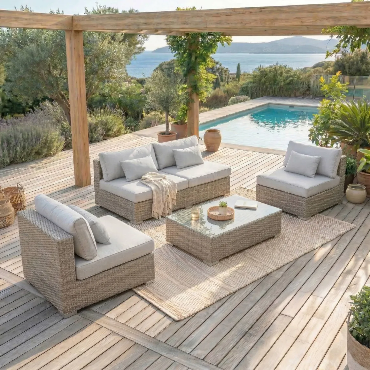Salon de jardin en résine tressée 4 places 4 pcs Palma Gris