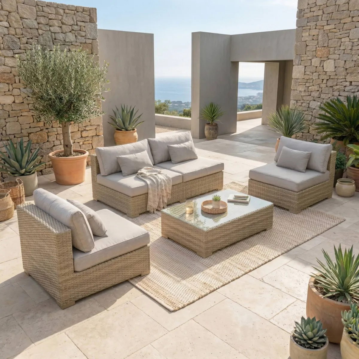Salotto da giardino in resina intrecciata 4 posti 4 pezzi Palma Grigio e tortora