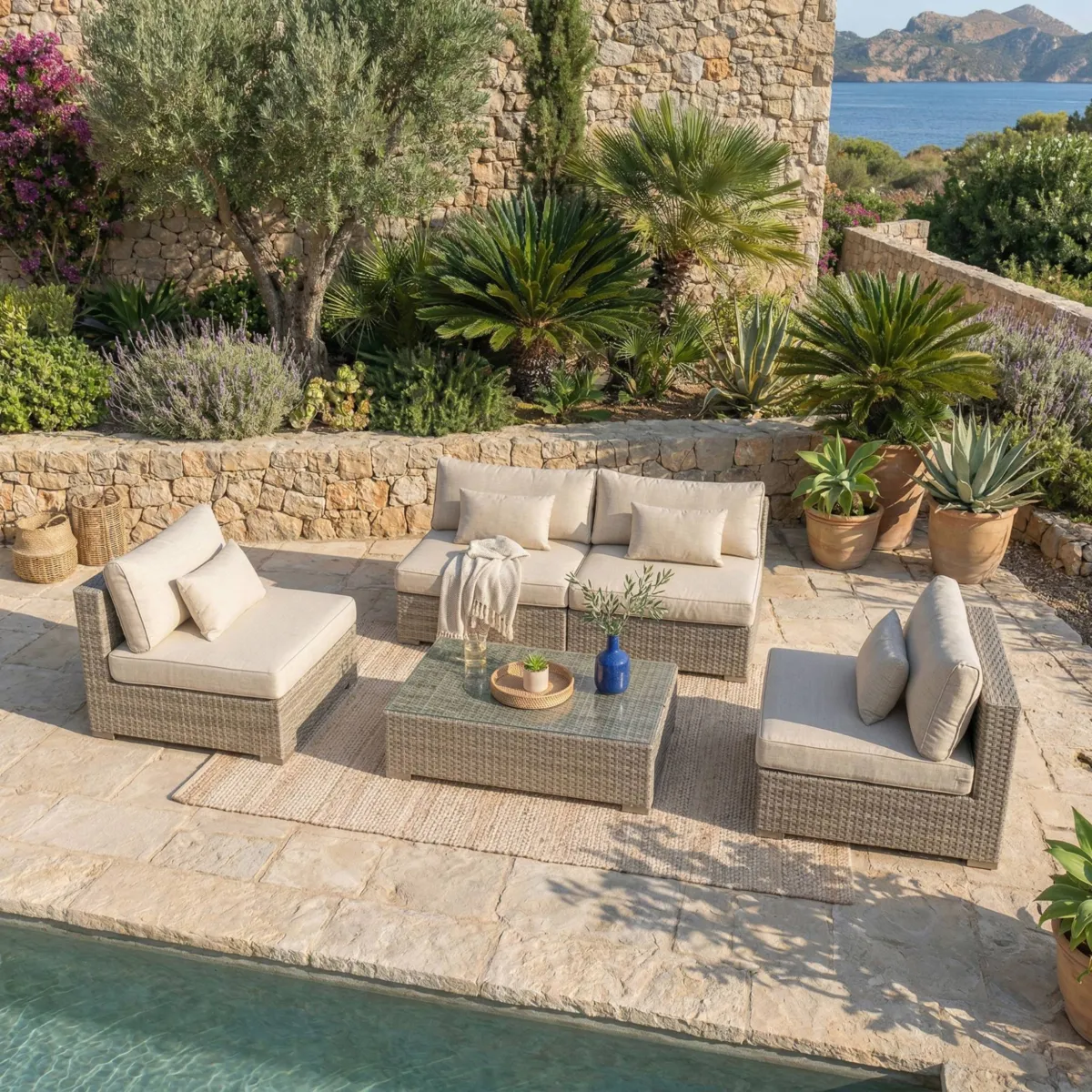 Salotto da giardino in resina intrecciata 4 posti 4 pezzi Palma Grigio e beige