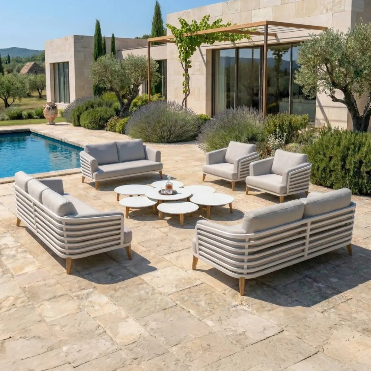 SALON DE JARDIN MONTE-CARLO 9 PLACES STRUCTURE BLANC ET COUSSINS GRIS NUAGE