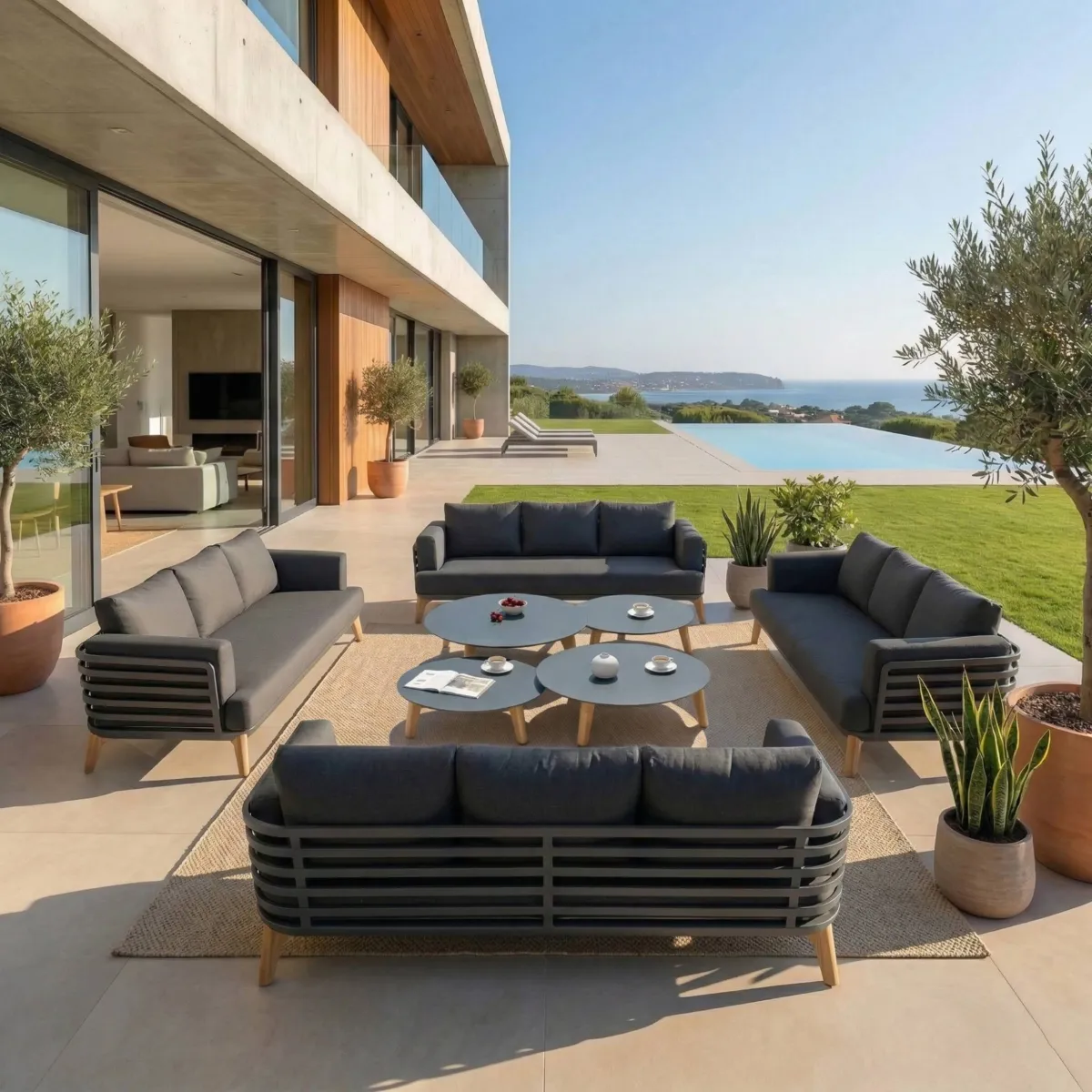 SALON DE JARDIN MONTE-CARLO 12 PLACES STRUCTURE ANTHRACITE ET COUSSINS ANTHRACITE
