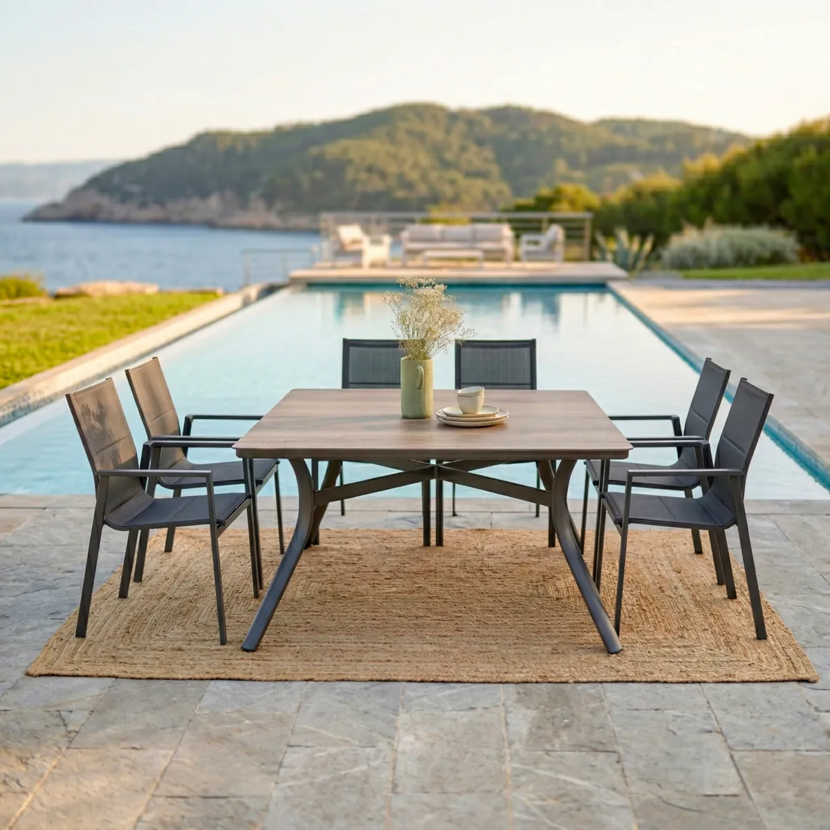 Table de jardin carrée en aluminium 8 places (136 x 136 cm) Amalfi Gris anthracite et bois