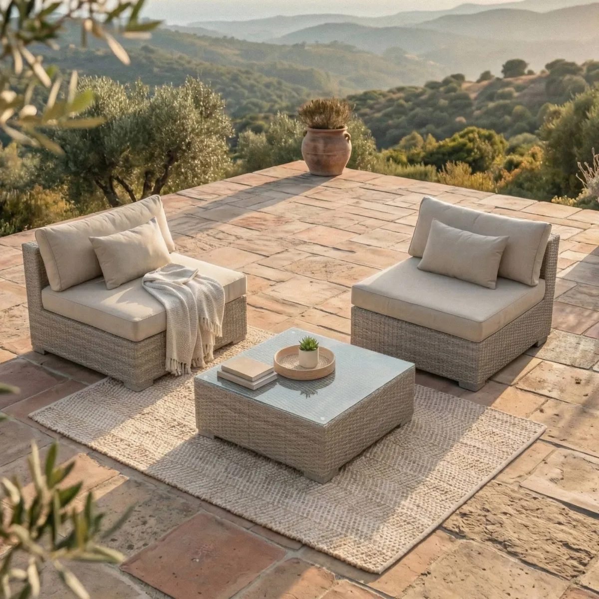 Salon de jardin en résine tressée 2 places 3 pcs Palma Gris et beige