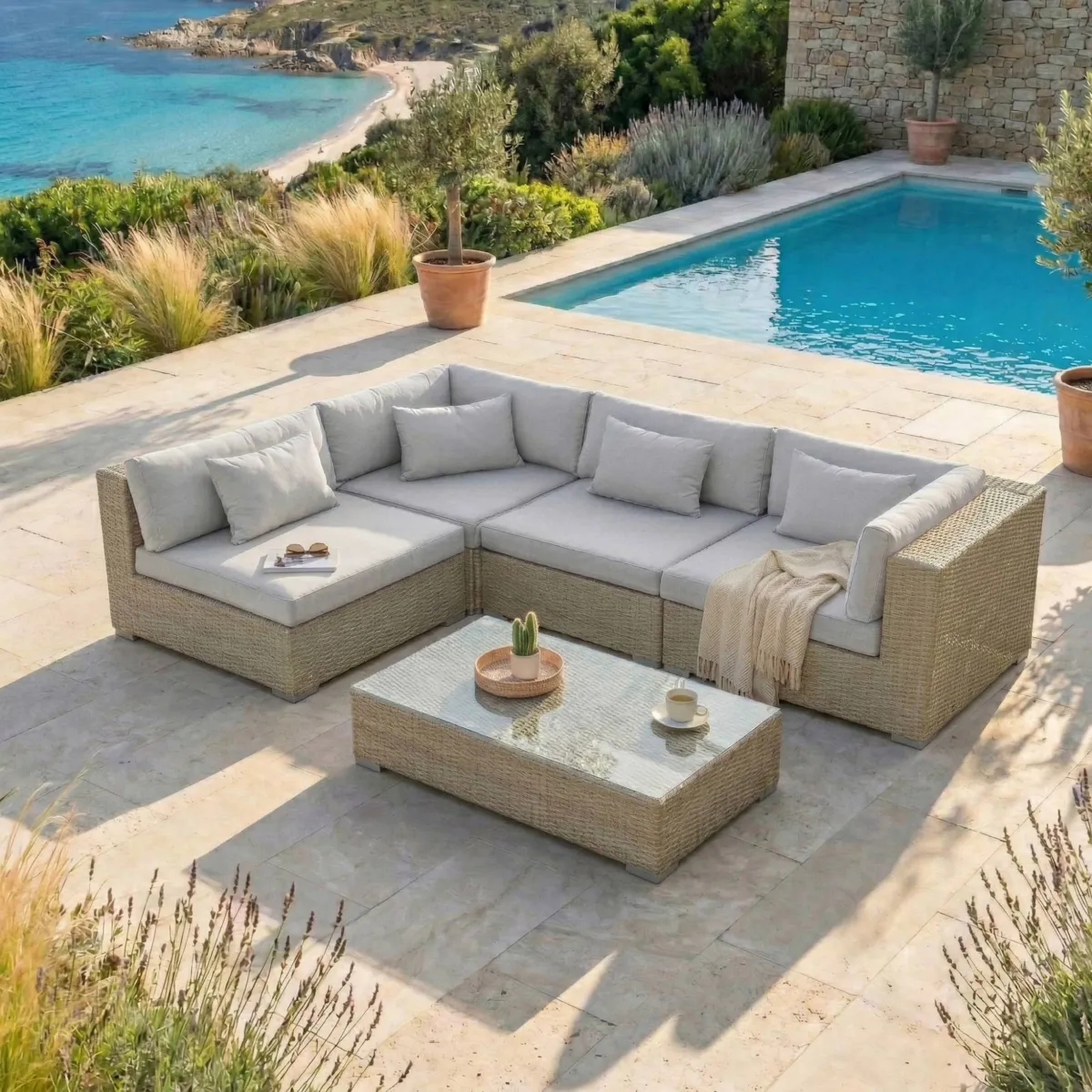 Salon de jardin en résine tressée 4 places 5 pcs Palma Gris