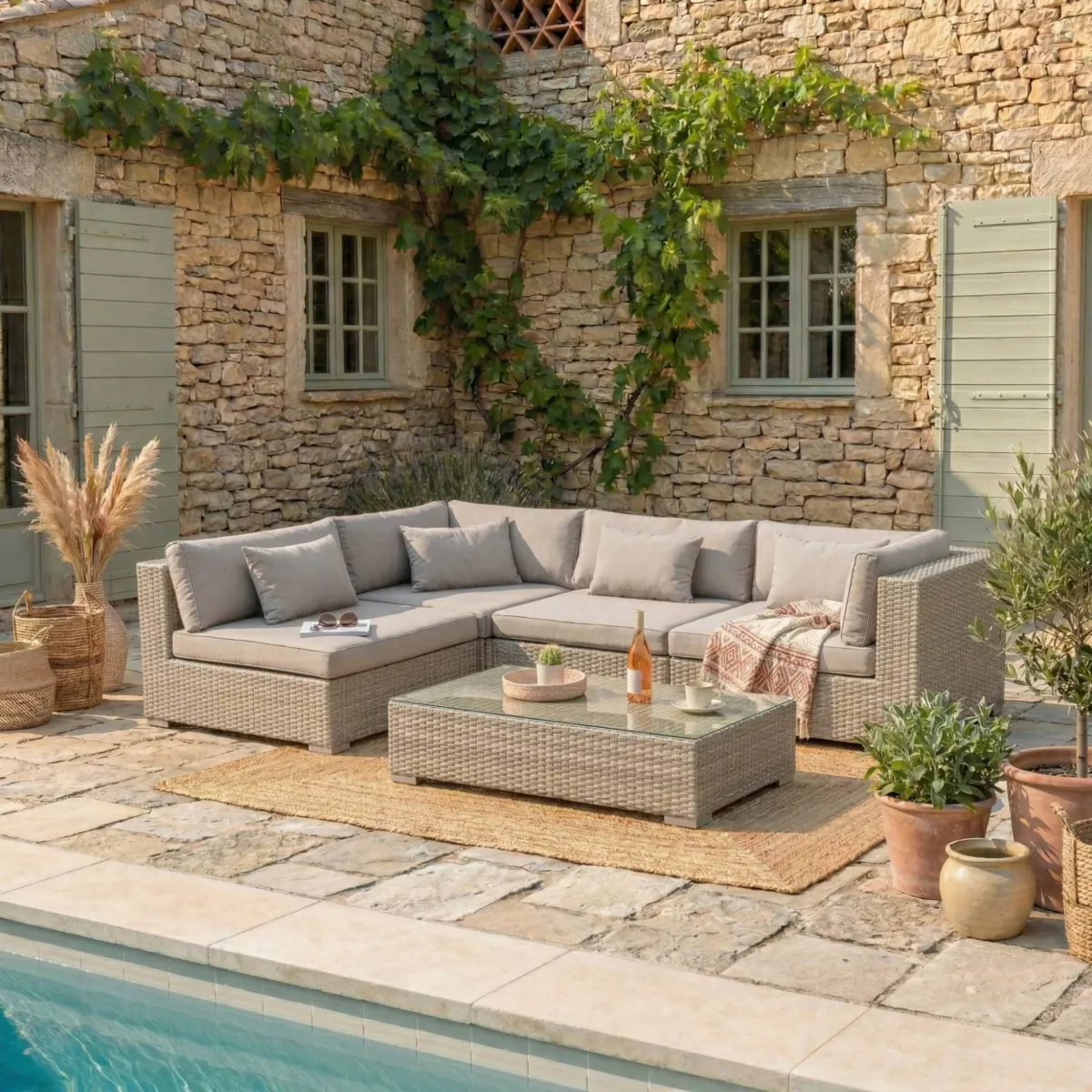 Salotto da giardino in resina intrecciata 4 posti 5 pezzi Palma Grigio e tortora