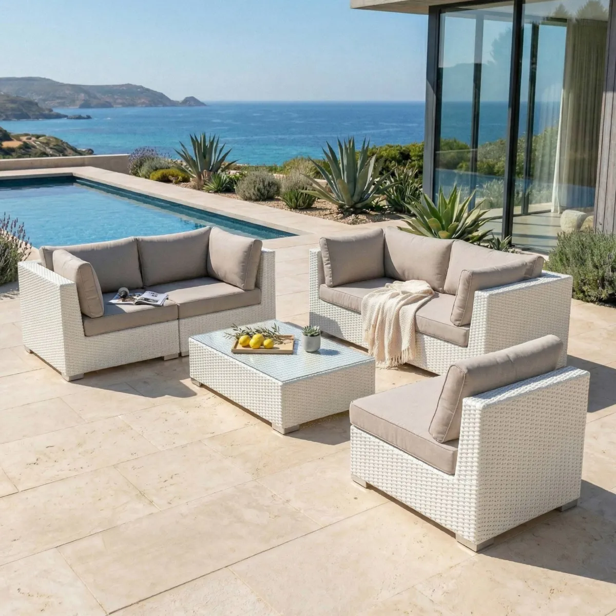Salotto da giardino in resina intrecciata 5 posti 6 pezzi Palma Bianco e tortora