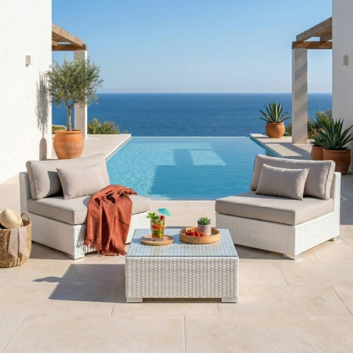 Salotto da giardino in resina intrecciata 2 posti 3 pezzi Palma Bianco e tortora