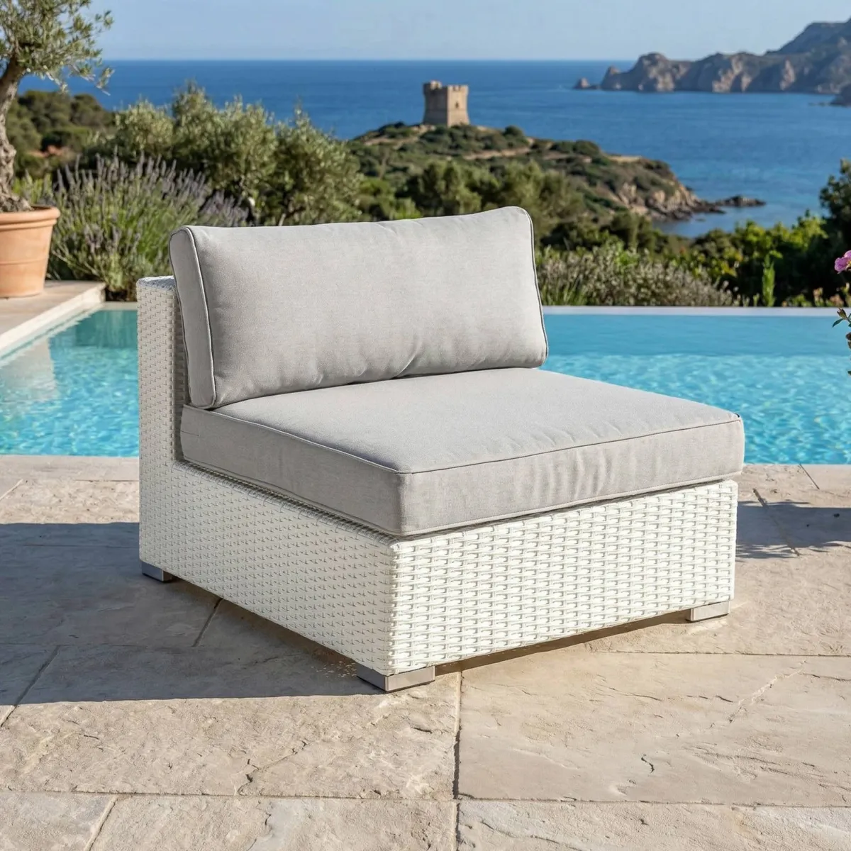 Salon de jardin en résine tressée 2 places 3 pcs Palma Blanc et gris