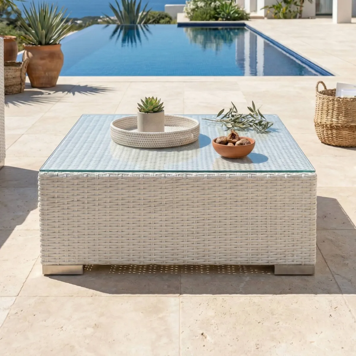 Salotto da giardino in resina intrecciata 2 posti 3 pezzi Palma Bianco e grigio