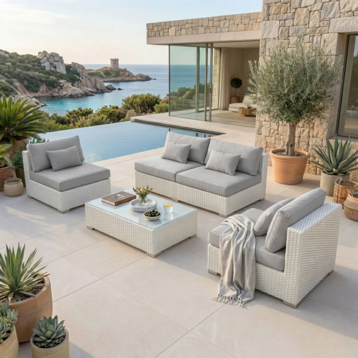 Salon de jardin en résine tressée 4 places 4 pcs Palma Blanc et gris