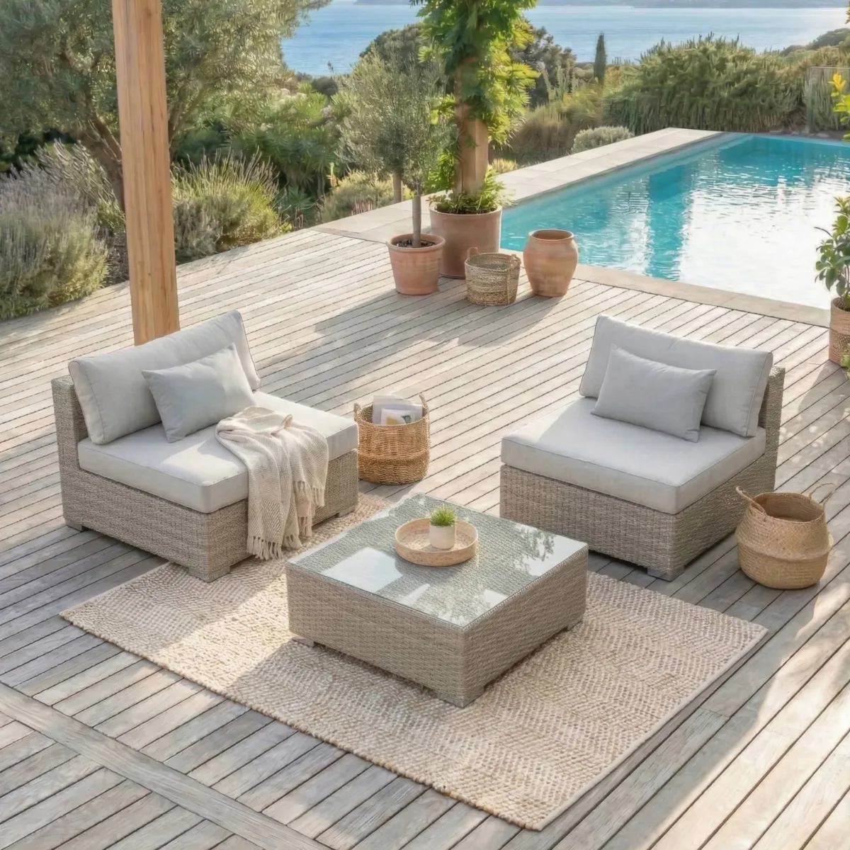 Salon de jardin en résine tressée 2 places 3 pcs Palma Gris