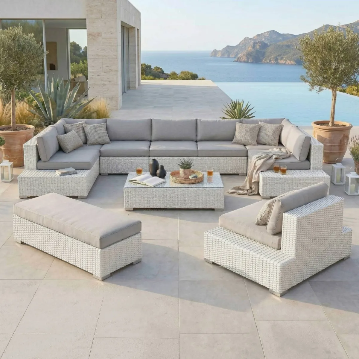 Salon de jardin en résine tressée 9 places 9 pcs Palma Blanc et gris