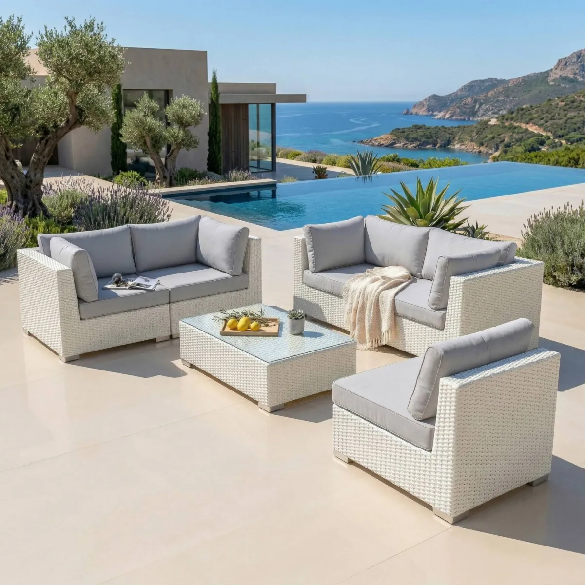 Salon de jardin en résine tressée 5 places 6 pcs Palma Blanc et gris