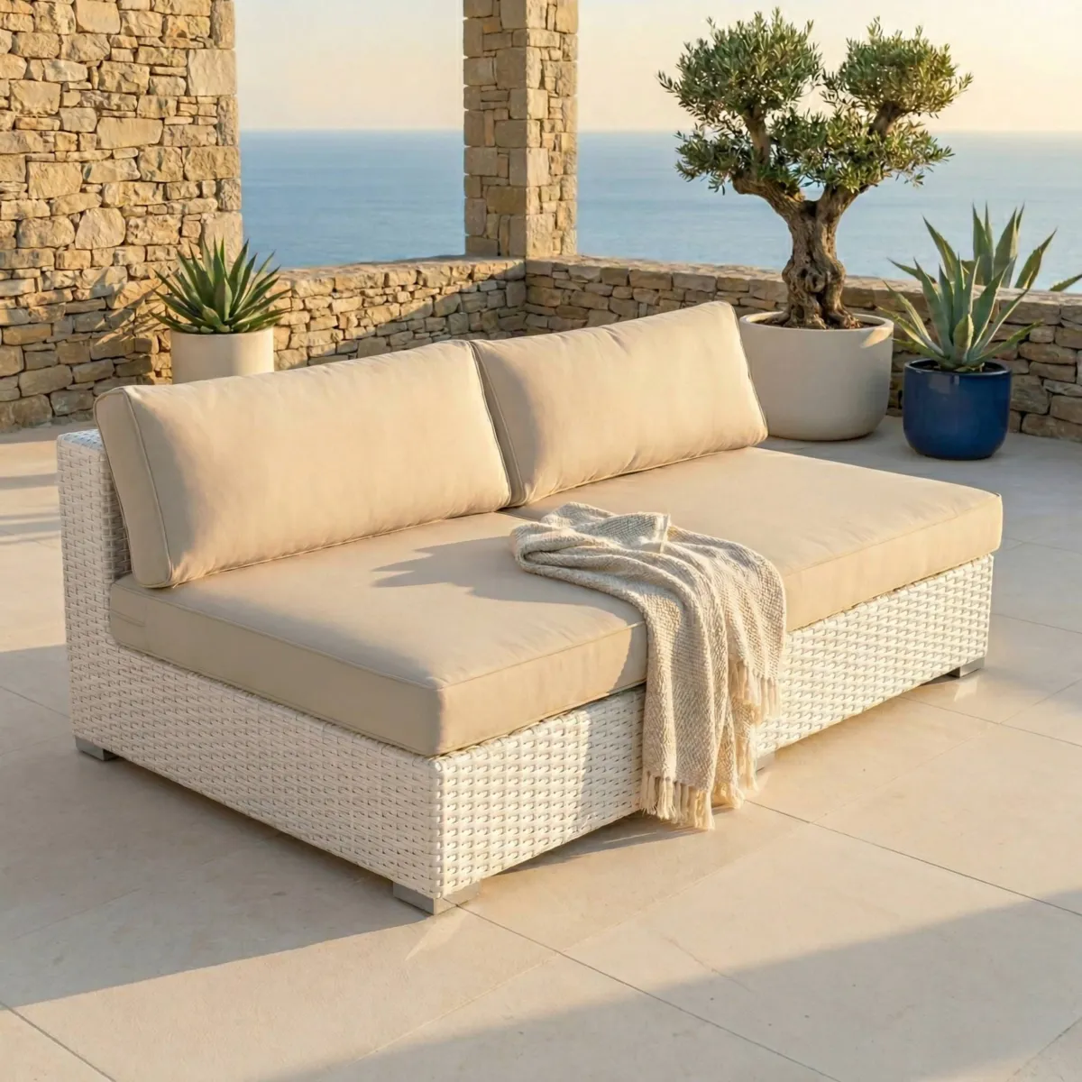 Divano da giardino in resina intrecciata 2 posti Palma Bianco e beige