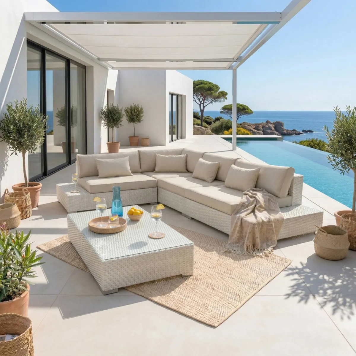 Salon de jardin d'angle en résine tressée 5 places Palma Blanc et beige