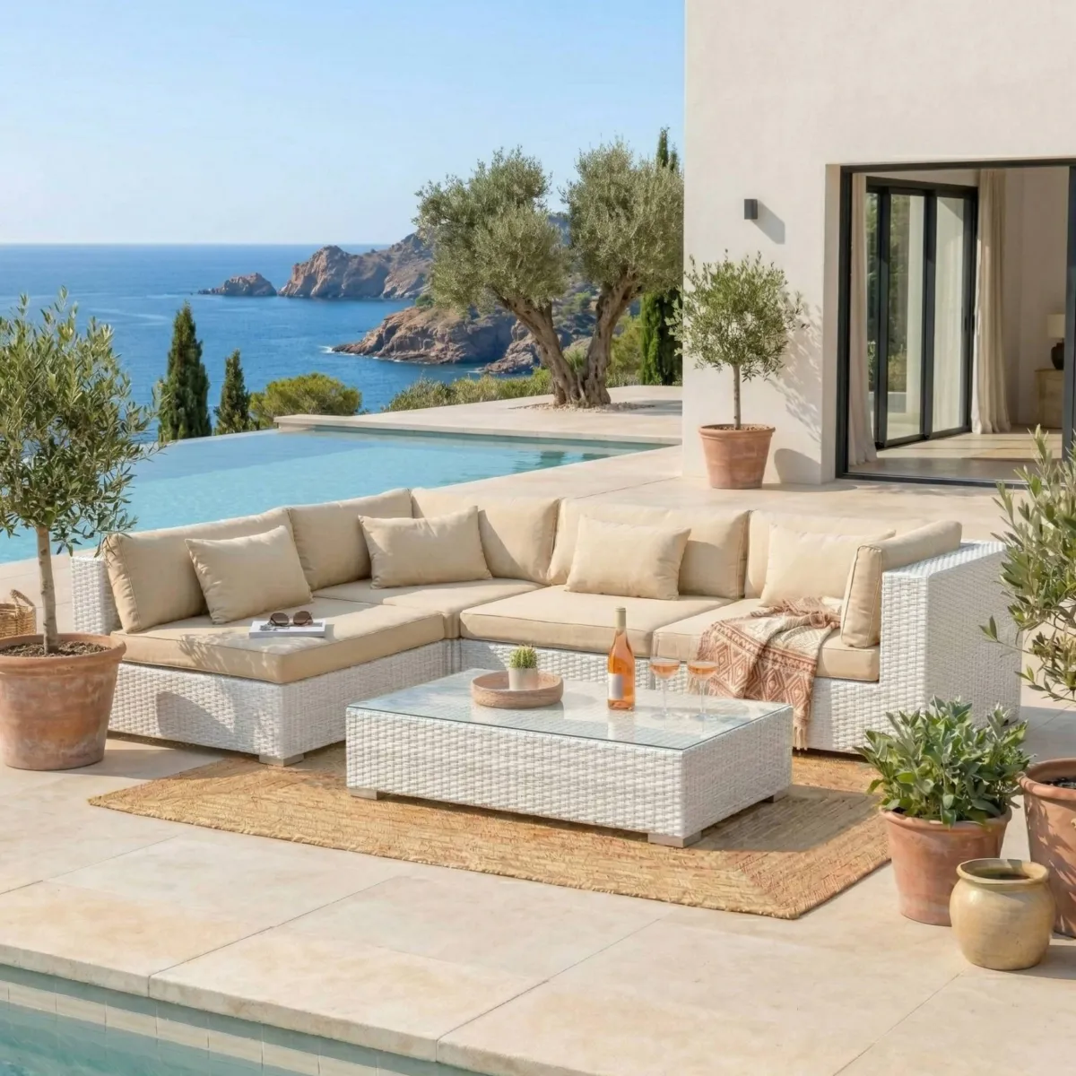Salotto da giardino in resina intrecciata 4 posti 5 pezzi Palma Bianco e beige