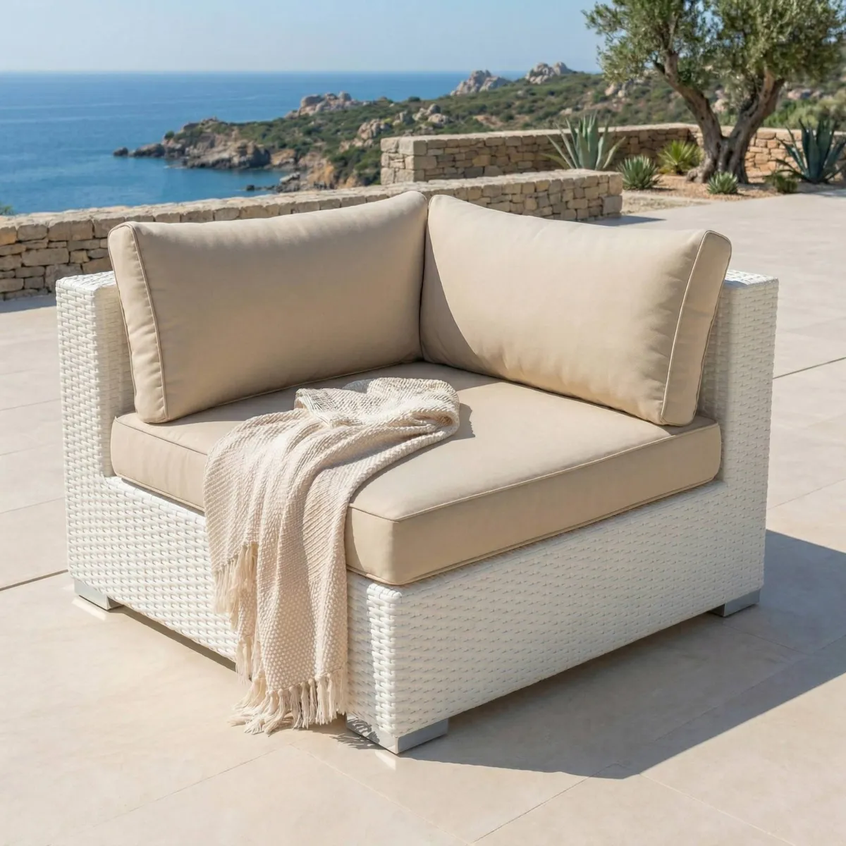 Salon de jardin en résine tressée 4 places 5 pcs Palma Blanc et beige