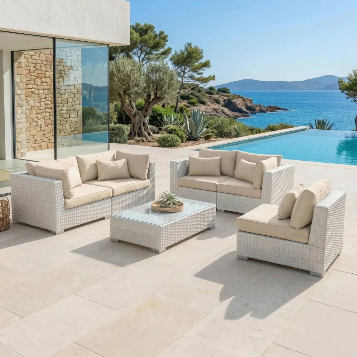 Salon de jardin en résine tressée 5 places 6 pcs Palma Blanc et beige