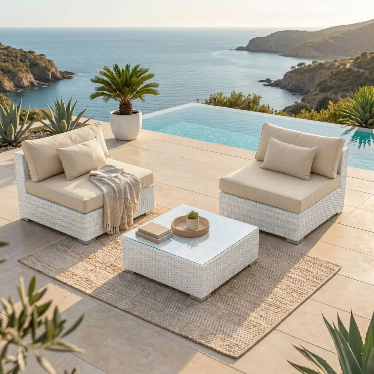 Salon de jardin en résine tressée 2 places 3 pcs Palma Blanc et beige